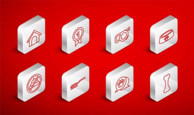 Set line Dog bone, award symbol, Retractable cord leash, Pet food bowl, Paw print, house, Hair brush for dog and cat and No shit icon. Vector