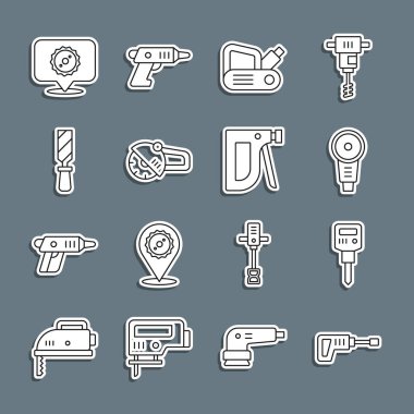 Rotary çekiç matkabı, inşaat matkabı, angle öğütücü, elektrikli planör aleti, Rasp metal dosyası, dairesel testere bıçağı ve zımba simgesi. Vektör