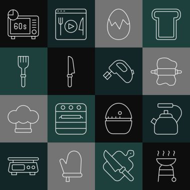 Barbekü ızgarası, saplı çaydanlık, hamurda merdane, kırık yumurta, bıçak, çatal, mikrodalga fırın ve elektrikli mikser ikonu. Vektör