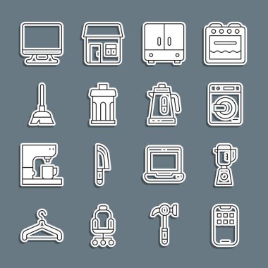 Mobil Uygulamalar, Blender, Yıkama, Gardırop, Çöp Kutusu, Süpürge, Akıllı TV ve Elektrikli Kettle simgesini ayarla. Vektör