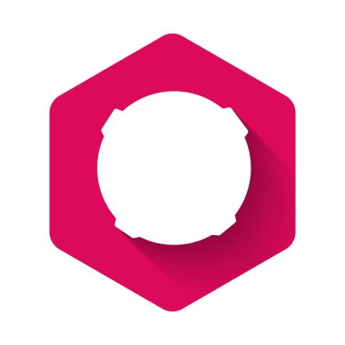 Beyaz Ay simgesi uzun gölgeli izole edilmiş. Pembe altıgen düğmesi. Vektör İllüstrasyonu.