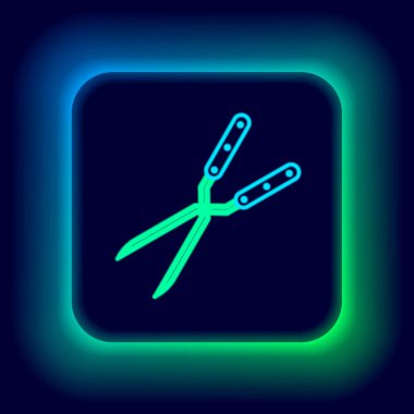 Siyah arkaplanda izole edilmiş simgeyi budamak için parlayan neon çizgisi el yapımı makas. Ahşap saplı budama makası. Renkli taslak konsepti. Vektör.