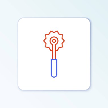 Line Pizza bıçak ikonu beyaz arka planda izole edildi. Pizza kesme tabelası. Çelik mutfak gereçleri. Renkli taslak konsepti. Vektör.