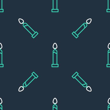 Çizgi Yanan mum simgesi siyah arkaplanda izole edilmiş kusursuz desen. Silindirik mum çubuğu ve yanan ateş. Vektör.