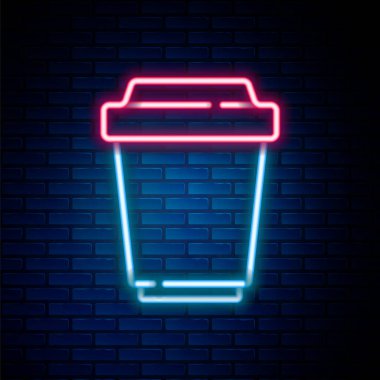 Parlayan neon hatlı kahve fincanı tuğla duvar arkasında izole edilmiş bir ikon haline gelecek. Renkli taslak konsepti. Vektör.