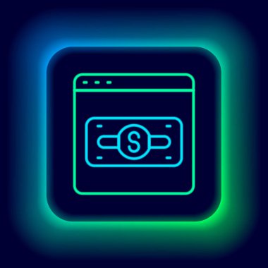 Siyah arkaplanda parlayan neon hattı çevrimiçi alışveriş simgesi izole edildi. Konsept e-ticaret, e-ticaret, online iş pazarlama. Renkli taslak konsepti. Vektör.