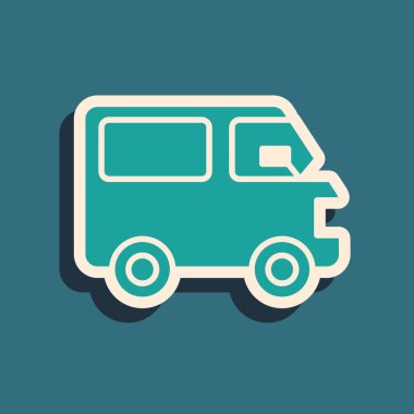 Yeşil kargo kamyonu ikonu yeşil arka planda izole edildi. Uzun gölge tarzı. Vektör İllüstrasyonu.