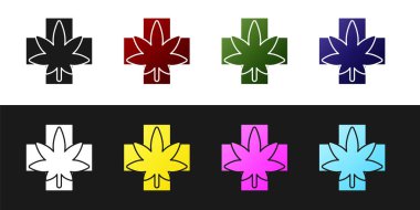 Tıbbi marihuana ya da kenevir yaprağı ikonunu siyah beyaz arka planda izole et. Kenevir sembolü. Vektör İllüstrasyonu.