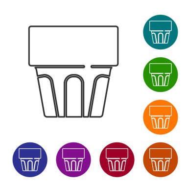 Beyaz zemin üzerinde su ikonu olan siyah çizgi camlar. Soda bardağı. Taze soğuk içecek sembolü. Simgeleri renk daire düğmelerine ayarla. Vektör.