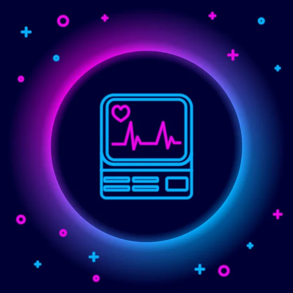 Glowing Neon Line Computer Monitor Cardiogram Icon Isolated Black Background — Stock Vector