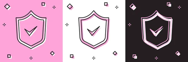 Set Escudo Con Icono Marca Verificación Aislado Rosa Blanco Fondo — Vector de stock