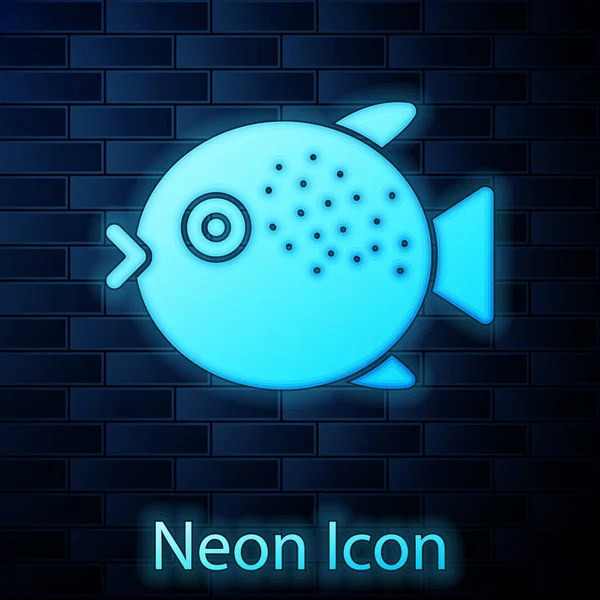 Parlayan Neon Renkli Kirpi Balığı Ikonu Tuğla Duvar Arkasında Izole — Stok Vektör