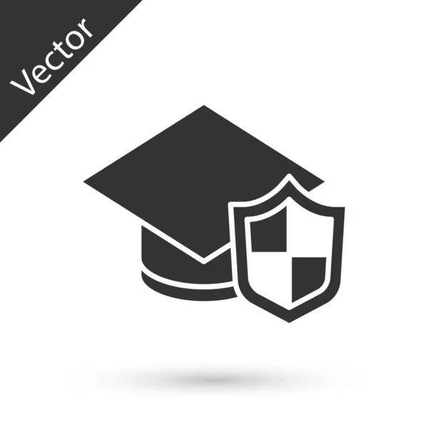 Gorra Graduación Gris Con Icono Escudo Aislado Sobre Fondo Blanco — Vector de stock