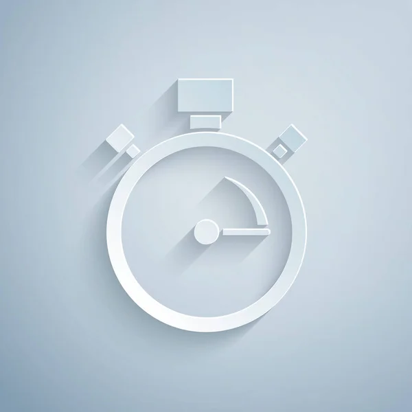 Papier Gesneden Stopwatch Pictogram Geïsoleerd Grijze Achtergrond Tijdklok Teken Chronometerteken — Stockvector