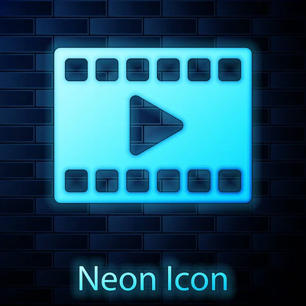 Glowing Neon Play Video Icon Isolated Brick Wall Background Film — Vector de stock