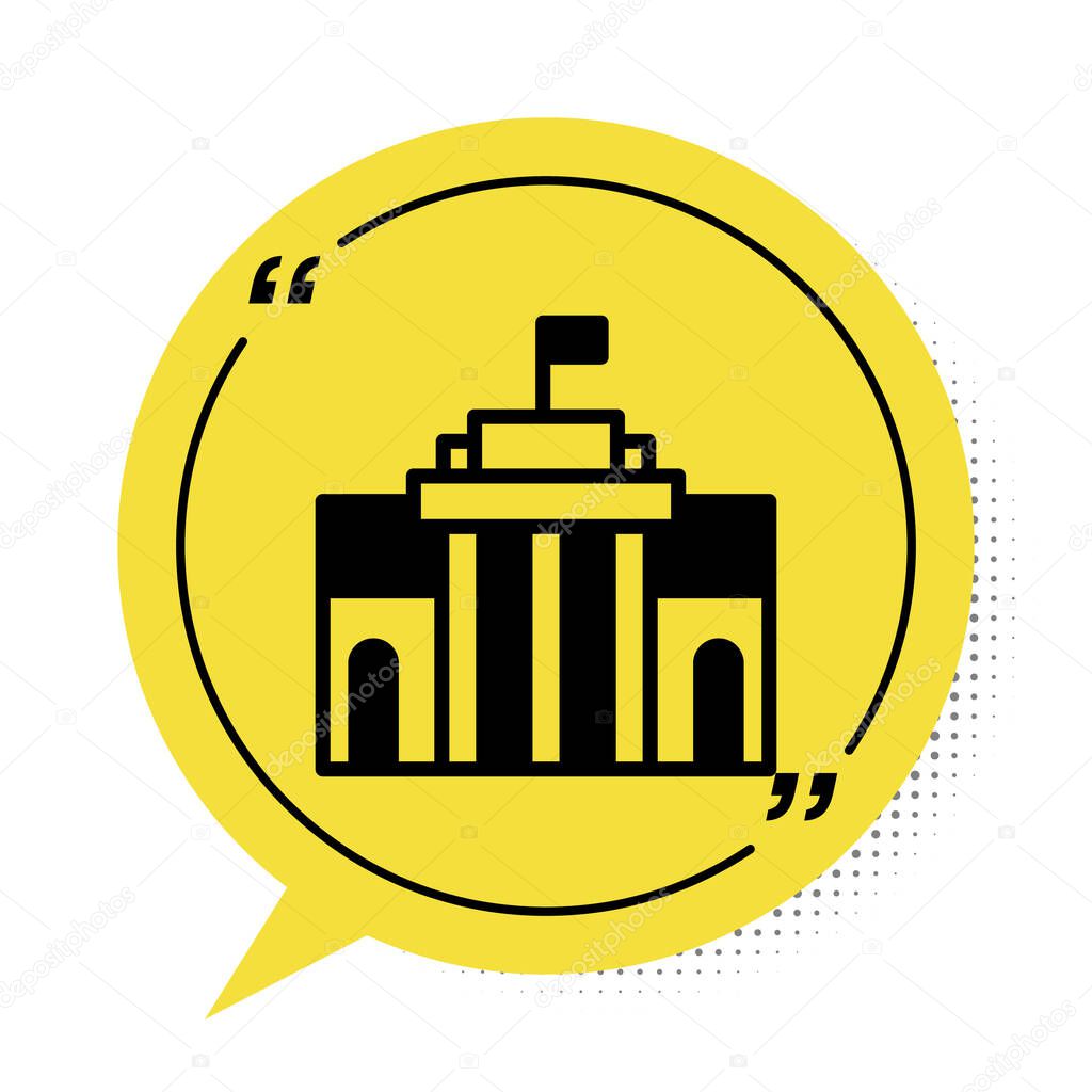Black Prado museum icon isolated on white background. Madrid, Spain. Yellow speech bubble symbol. Vector.