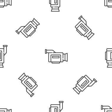 Gri çizgi sinema kamera ikonu beyaz arkaplanda kusursuz desen izole etti. Video kamera. Film tabelası. Film projektörü. Vektör.