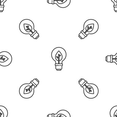 Yaprak ikonlu gri çizgi ampulü beyaz arka planda izole edilmiş pürüzsüz desen. Çevre enerjisi kavramı. Alternatif enerji kavramı. Vektör.