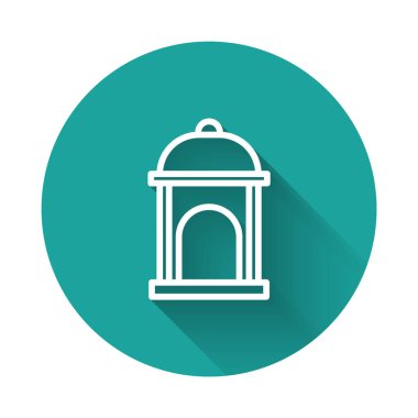 Beyaz çizgili Müslüman cami simgesi uzun gölgeli. Yeşil daire düğmesi. Vektör.