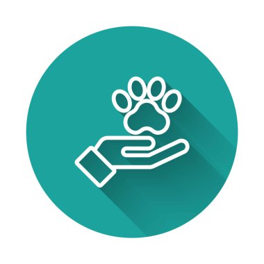 Beyaz çizgi Eller hayvanların ayak izi ikonu ile izole edilmiş uzun gölge arkaplan. Yüreğindeki evcil hayvan pençesi. Hayvanlara sevgiler. Yeşil daire düğmesi. Vektör.