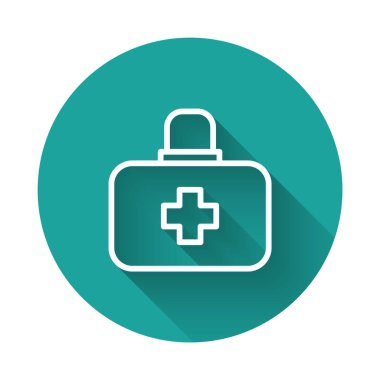 Beyaz çizgi ilk yardım çantası simgesi uzun gölge arkaplanı ile izole edildi. Haçlı sağlık kutusu. Acil durumlar için tıbbi ekipman. Sağlık sigortası konsepti. Yeşil daire düğmesi. Vektör.