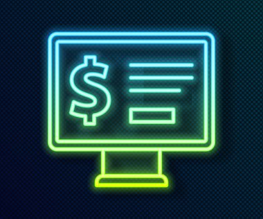 Siyah zemin üzerinde dolar simgesi olan parlak neon hattı monitörü. Dünyanın her yerine para göndermek, para transferi, online bankacılık, finansal işlemler. Vektör.