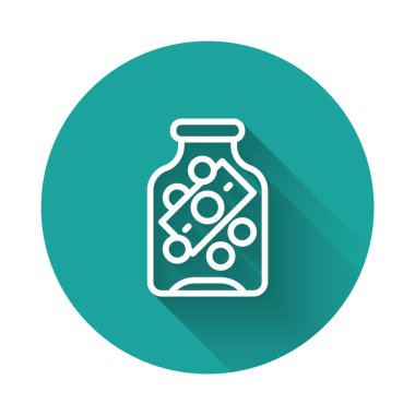 Beyaz çizgili cam para kavanozu. Bozuk para ikonu ve uzun gölgeli arka plan. Tasarruf ya da para birikimi, yatırım. Yeşil daire düğmesi. Vektör.