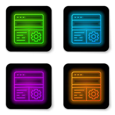 Parlayan neon hattı hata ayıklama simgesi beyaz arkaplanda izole edildi. Hata ayıklama aracı. Böcek programlama için büyüteç. Yazılım deneniyor ve ayarlanıyor. Siyah kare düğme. Vektör.