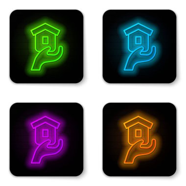 Beyaz arka planda izole edilmiş evsiz ikonlar için parlayan neon hattı barınağı. Acil durum evleri, evsiz dilenciler ve insanlar için geçici ikametgah. Siyah kare düğme. Vektör.