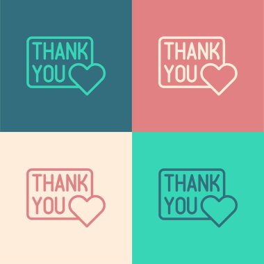 Pop sanat serisi. Renkli arka planda kalp ikonu ile izole edilmiş olarak teşekkürler. El yazısıyla yazılmış harfler. Vektör.