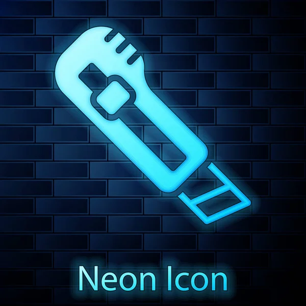 Leuchtendes Neonfarbenes Taschenmesser Symbol Isoliert Auf Ziegelwand Hintergrund Büropapierschneider Vektor — Stockvektor