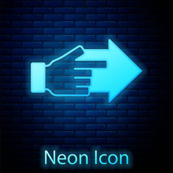 Zářící Neon Ruka Ukazováčkem Ikonou Šipky Izolovanou Pozadí Cihlové Stěny — Stockový vektor