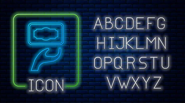 レンガの壁の背景に隔離されたネオン寄付と慈善団体のアイコンを育てる 寄付のお金と慈善の概念 ネオンライトアルファベット ベクトル — ストックベクタ