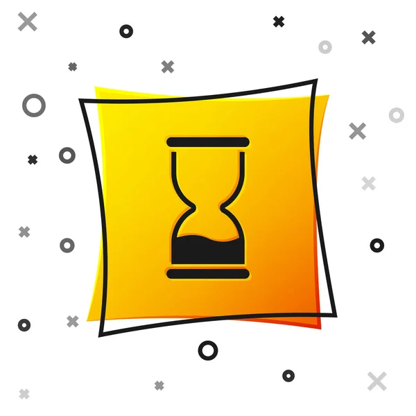 黑色旧沙漏 流沙图标隔离在白色背景 沙钟的标志 业务和时间管理概念 黄色方块按钮 — 图库矢量图片