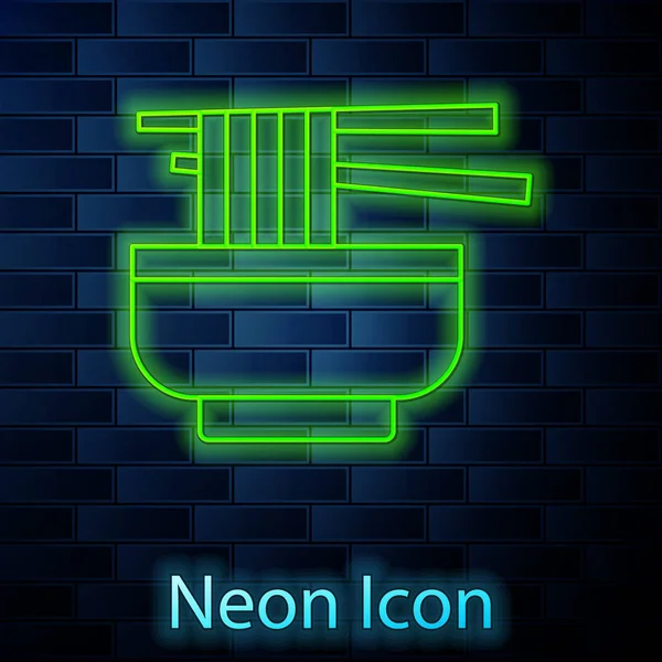 Gloeiende Neon Lijn Ramen Soepkom Met Noedels Pictogram Geïsoleerd Bakstenen — Stockvector