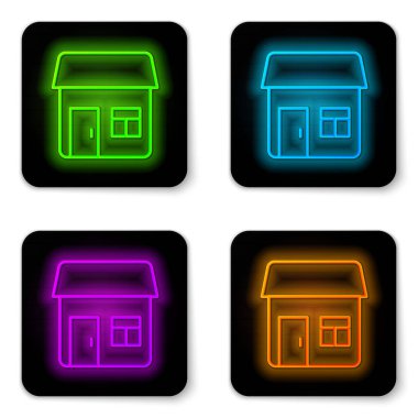 Beyaz arka planda parlayan neon hattı ikonu izole edildi. Ev sembolü. Siyah kare düğme. Vektör.