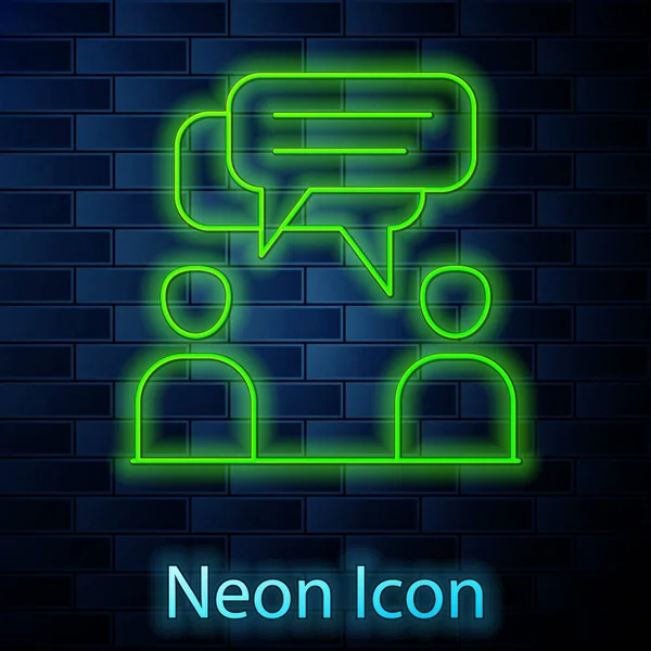 Glowing Neon Line Two Sitting Men Talking Icon Isolated Brick — Stock Vector