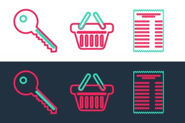 Kağıt ya da mali çek, anahtar ve alışveriş sepeti simgesi. Vektör