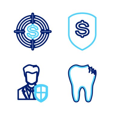 Set line Broken tooth, User protection, Shield and dollar and Target with icon. Vector
