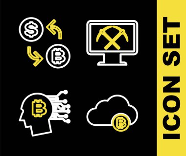 Monitör ve kazma, kripto para birimi bulut madenciliği, Bitcoin çömlek ve işlemci dolar ikonu ile hat madenciliği ayarlayın. Vektör