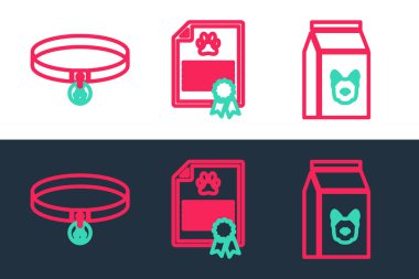 Köpek için yiyecek torbası, yaka kartı ve sertifikalı kedi ikonu. Vektör