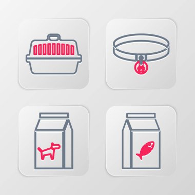 Kedi, köpek, yakalı yaka kartı ve evcil hayvan çantası ikonu için yiyecek torbası ayarla. Vektör