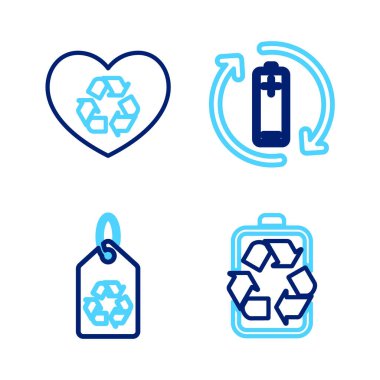 Bataryayı geri dönüşüm, etiket ve çevre dostu kalp ikonu ile ayarla. Vektör