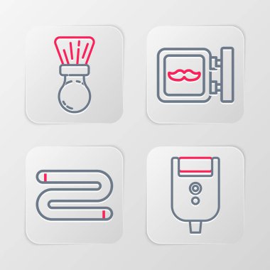 Erkekler, Havlu, Berber Dükkanı ve tıraş fırçası ikonu için elektrikli tıraş bıçağı ayarla. Vektör