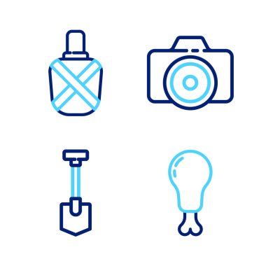 Hattı ayarla. Tavuk budu, kürek, fotoğraf makinesi ve matara ikonu. Vektör