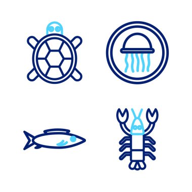 Istakoz, Balık, Denizanası ve Kaplumbağa ikonunu sıraya dizin. Vektör