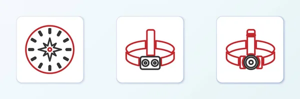 Set Line Head Flashlight Compass Icon Vector — Stockvektor