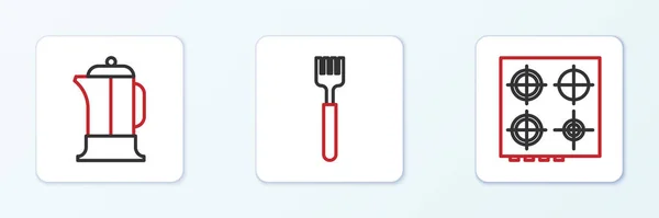 Set Line Gas Stove French Press Fork Icon Vector — Wektor stockowy