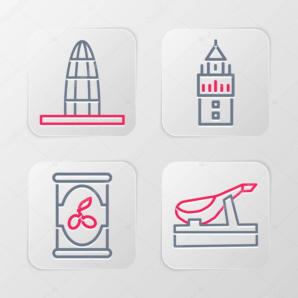 Set line Spanish jamon, Olives in can, Giralda and Agbar tower icon. Vector