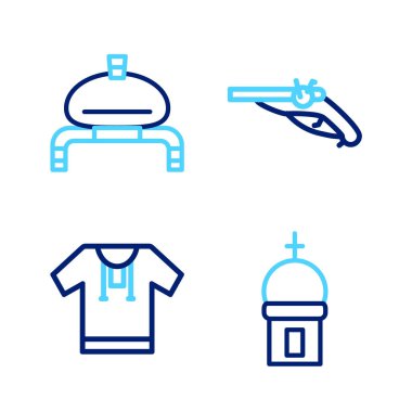 Kilise kulesi, nakışlı gömlek, klasik tabancalar, ekmek ve tuz ikonu. Vektör